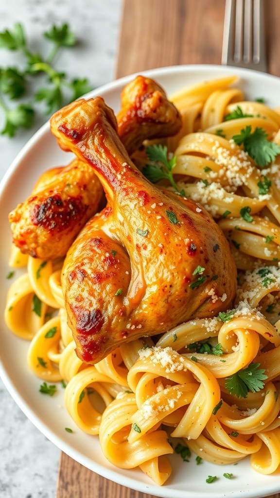Baked chicken drumsticks with garlic herb pasta, garnished with Parmesan cheese and parsley.